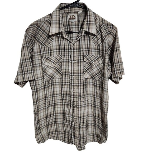 Ely Cattleman Pearl Snap Western Shirt Mens Size Large Brown Plaid Short Sleeve - Picture 1 of 4